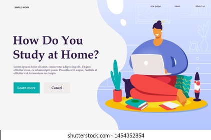 Flat vector concept banner. A freelancer  working at home. Student studying online. Creative landing web page design image.