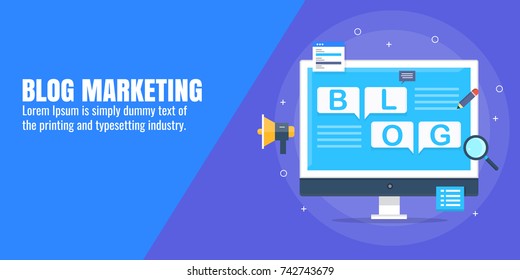 Flat vector concept for Blog marketing, Blogpost, Digital content marketing flat vector banner with icons