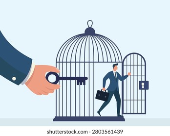 Flat vector concept of business freedom, showing a corporate worker escaping a cage after being unlocked