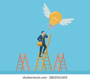 Flat vector concept of career growth, problem-solving, and chasing inspiration as a professional reaches for a bright idea