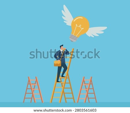 Flat vector concept of career growth, problem-solving, and chasing inspiration as a professional reaches for a bright idea