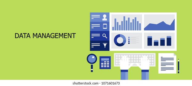 Flat vector concept of Data management, data analysis, web traffic monitoring vector illustration with icons isolated on green background