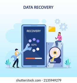 flat vector concept of data recovery services, data backup and protection, hardware repair.