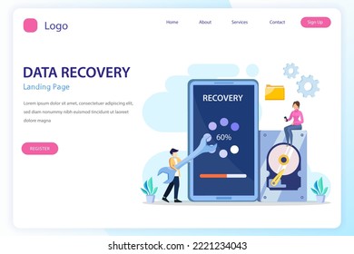 flat vector concept of data recovery services, data backup and protection, hardware repair.