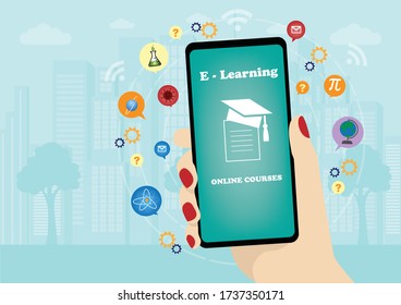 A flat vector concept design of e-learning using mobile divice on the city background. E-learning on mobile phone background illustration.