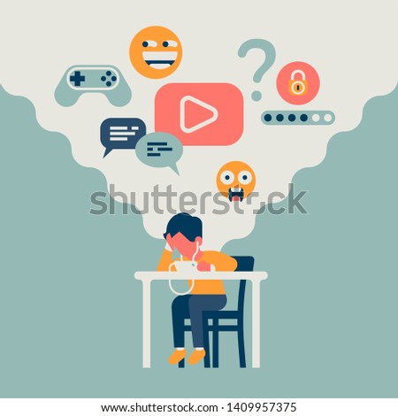 Flat vector concept design on small child is entertained with mobile phone and getting overexposed to unrestricted content. Parental controls and screen time for kids themed illustration