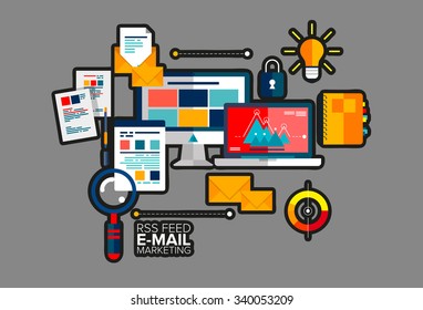 Flat vector concept of e-mail marketing service system, rss feed, subscribe mail list for everyday updates,  with technic objects and illustration of connections in modern cartoon game web style.