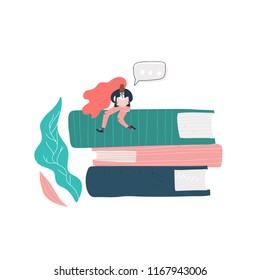 flat vector concept - girl sitting on the books, learning and educational illustration