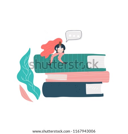 flat vector concept - girl sitting on the books, learning and educational illustration