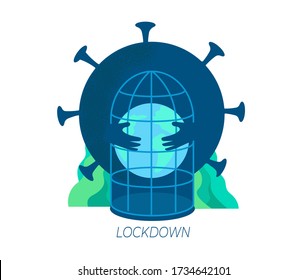 Flat vector concept or the global coronavirus pandemic Covid-19, lockdown planet. A large coronavirus holds the planet hostage. Creative design templates.