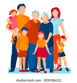 Concepto de Vector plano de familia feliz. Niños, padres y abuelos están juntos. Ilustración aislada en el fondo blanco.