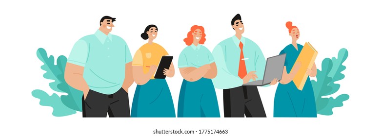 Ilustración de un concepto vectorial plano de los empleados de una empresa posando juntos. Equipo de jóvenes y felices oficinistas. Personajes de dibujos animados