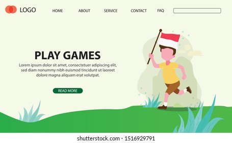 Flat vector concept illustration. Cute Boy running with Indonesian flag. Creative landing web page design template banner.