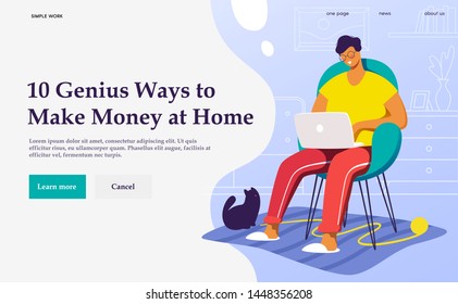 Flat vector concept illustration. A freelancer  working at home with cat. Creative landing web page design template banner.