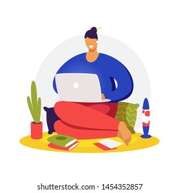 Flat vector concept illustration. A freelancer  working at home. Student studying online. Creative landing web page design image.