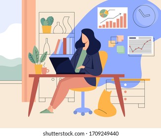 Flat vector concept illustration. A freelancer working at home with cat. Home office with laptop, graphs and charts