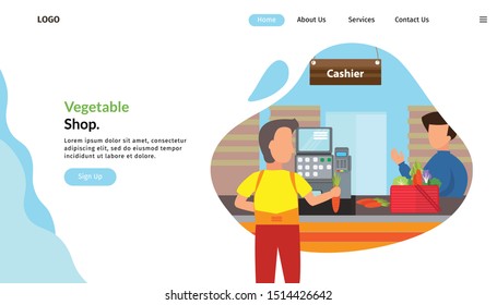 Flat vector concept illustration. Man buy a carrot and Make payment on the cashier. Creative landing web page design template banner.