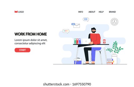 Flat vector concept illustration. A man freelancer working at home with laptop. Home office concept.