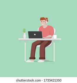 Flat vector concept illustration. Man using laptop at home concept.