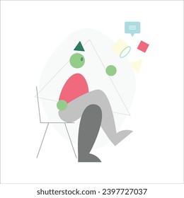 Flat vector concept illustration of a man with a beard in a hat. The man is thinking about something.