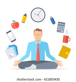 Flat vector concept illustration meditation. Manager meditates at work in the lotus pose. Businessman sitting in the meditation surrounded with office tools. Infographic elements for web, presentation