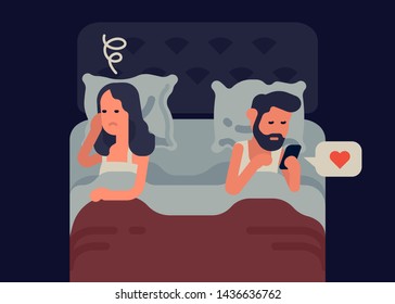 Flat vector concept illustration on social media addiction impact on marriage and relationship. Man checks his phone in bed making wife frustrated. Woman is upset with her addicted to phone husband