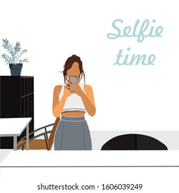 Flat vector concept illustration on young woman taking selfie in a mirror with her face hidden behind smartphone. Beauty salon interior. T shirt print.