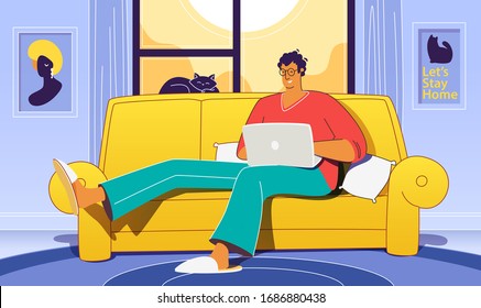 Flat vector concept illustration on the themes: freelance, make money at home, earn in internet, success, remote work. A freelancer working at home with cat. 