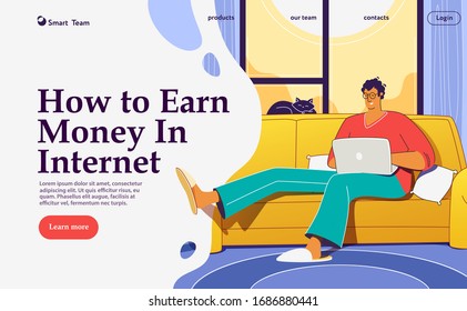 Flat vector concept illustration on the themes: freelance, make money at home, earn in internet, success, remote work. A freelancer working at home with cat. Creative landing web page design image.