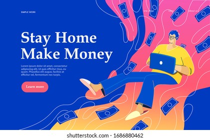Flat vector concept illustration on the themes: freelance, make money at home, earn in internet, success, remote work. A freelancer working at home. Creative landing web page design image.