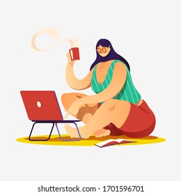 Ilustración conceptual de vector plano sobre los temas: freelance, ganar dinero en casa, ganar en internet, éxito, trabajo remoto. Una mujer trabajando en la laptop.