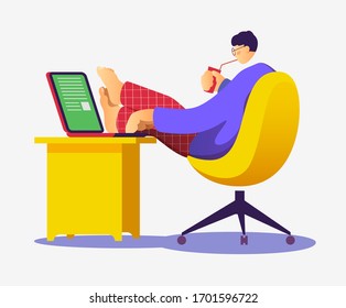 Flat vector concept illustration on the themes: freelance, make money at home, earn in internet, success, remote work. A freelancer working at the computer.