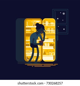 Flat vector concept illustration on eating disorder featuring female character standing in front of opened fridge eating food at night. Cartoon silhouette of woman with night eating syndrome