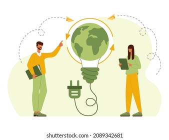 Flat vector concept illustration renewable alternative energy, generation and saving green eco energy. People trying to save planet earth. World environmental day, nature protection, nature saving