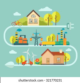 Flat vector concept and infographic design elements - city illustration with alternative energy generators - nature conservation and protection with modern innovation and technologies. Eco energy