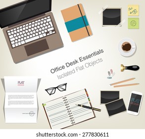 Flat vector concept of office retro desk essentials