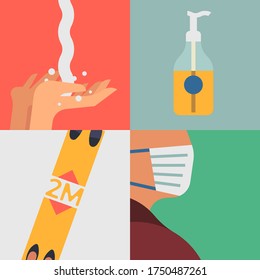 Flat vector concept on sanitation norms and virus spread preventive measures during coronavirus pandemic with minimal geometric style icons of hand wash, disinfection gel, social distance, mask