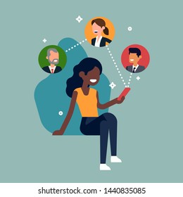 Flat vector concept on team work, social media and connectivity with African woman uses her phone to connect with colleagues. Minimalist business themed illustration on conference call or briefing