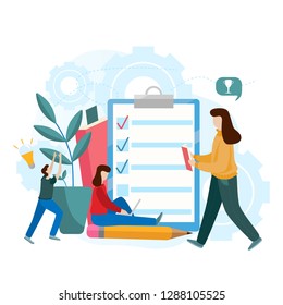 Flat vector concept of online exam, questionnaire form, online education, survey, internet quiz. Survey or exam form long paper sheet with answered quiz checklist and success result. 