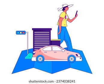 Flat vector concept operation hand drawn illustration of people taking a taxi

