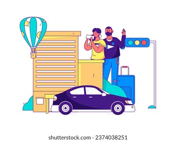 Flat vector concept operation hand drawn illustration of people taking a taxi
