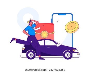 Flat vector concept operation hand drawn illustration of people taking a taxi
