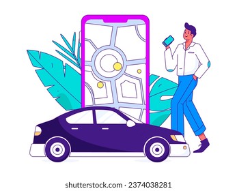 Flat vector concept operation hand drawn illustration of people taking a taxi
