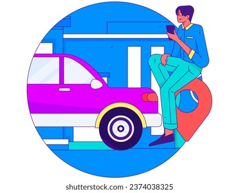 Flat vector concept operation hand drawn illustration of people taking a taxi
