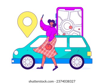 Flat vector concept operation hand drawn illustration of people taking a taxi
