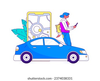Flat vector concept operation hand drawn illustration of people taking a taxi
