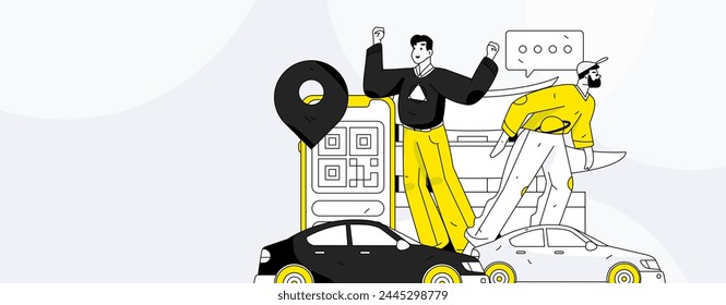 Flat vector concept operation hand drawn illustration of people taking a taxi
