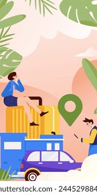 Flat vector concept operation hand drawn illustration of people taking a taxi
