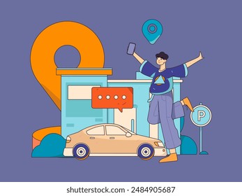 Flat vector concept operation hand drawn illustration of people taking a taxi
