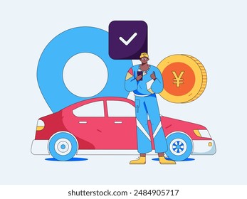 Flat vector concept operation hand drawn illustration of people taking a taxi
